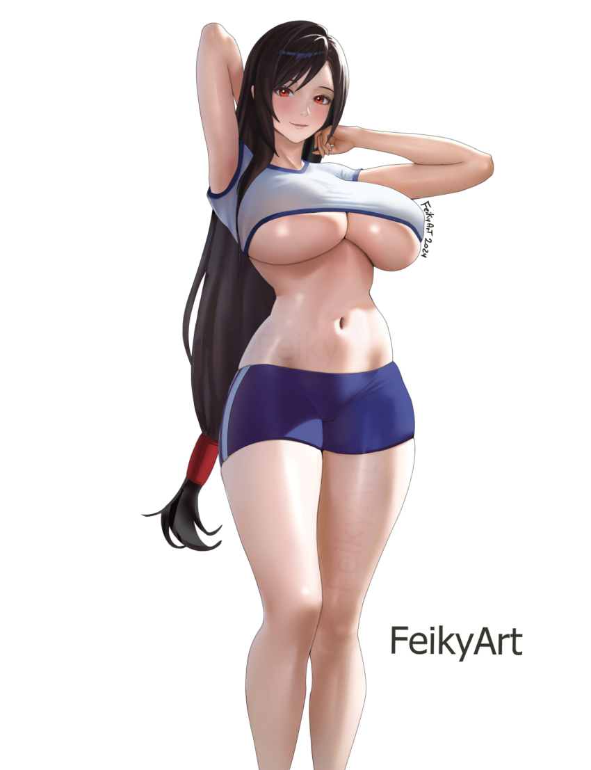 1girl artist_name black_hair blue_shorts breasts closed_mouth commentary cropped_shirt english_commentary feikyart final_fantasy final_fantasy_vii final_fantasy_vii_remake highres large_breasts long_hair low-tied_long_hair navel red_eyes shirt short_shorts shorts smile solo tifa_lockhart underboob white_background white_shirt