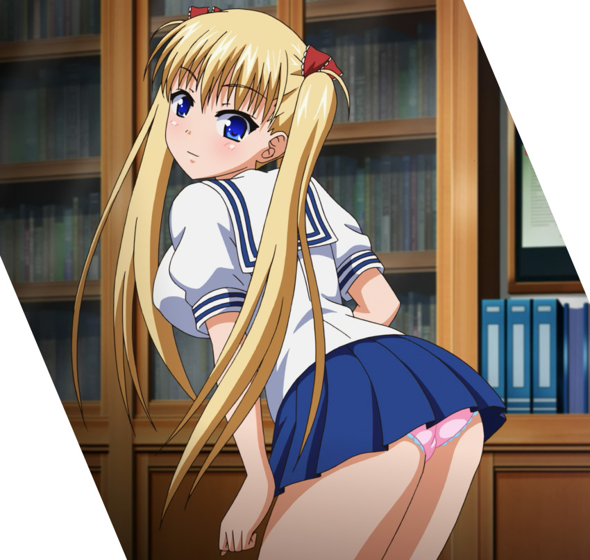 1girl akizuki_airi alternate_costume ass bent_over blonde_hair blue_eyes breasts hair_ribbon large_breasts legs long_hair looking_at_viewer looking_back oni_chichi oni_chichi_vacation panties pantyshot pink_panties ribbon school_uniform sideboob skirt smile solo stitched thighs third-party_edit twintails underwear