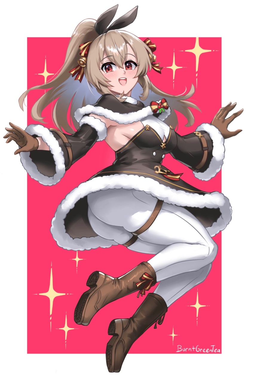 1girl alternate_costume ass blush boots breasts brown_hair burnt_green_tea capelet christmas christmas_clothing detached_sleeves dress from_behind gloves hair_ribbon long_hair looking_at_viewer medium_breasts open_mouth pantyhose ponytail red_eyes ribbon smile solo