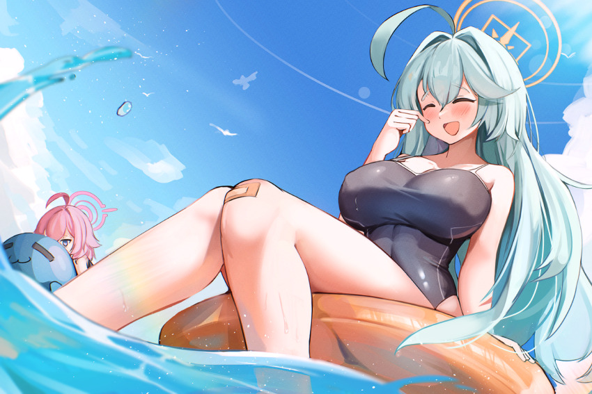 2girls aqua_hair ass bandaid bandaid_on_knee bandaid_on_leg black_one-piece_swimsuit blue_archive blue_sky blush breasts closed_eyes commentary_request day halo hand_up hell.k highres hoshino_(blue_archive) huge_ass knees_together_feet_apart large_breasts lens_flare long_hair multiple_girls ocean on_innertube one-piece_swimsuit open_mouth outdoors pink_hair pink_halo sitting sky swimsuit yellow_halo yume_(blue_archive)