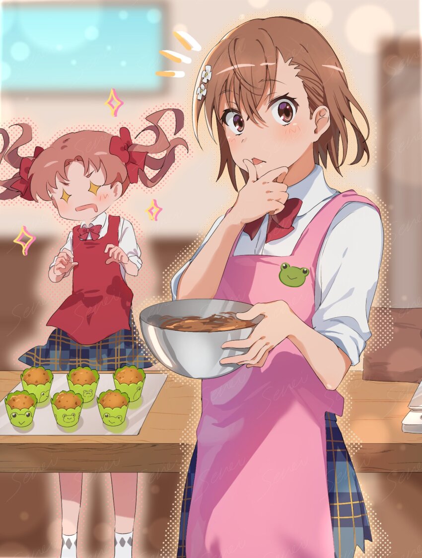 +_+ 2girls animal_print apron baking bow bowl bowtie brown_eyes brown_hair chocolate ci31205 collared_shirt commentary_request cupcake food frog_print gekota grey_skirt hair_bow highres holding holding_bowl licking licking_finger long_hair looking_at_viewer misaka_mikoto mixing_bowl multiple_girls pink_apron plaid_clothes plaid_skirt red_apron red_bow red_bowtie school_uniform shirai_kuroko shirt short_hair skirt socks toaru_kagaku_no_railgun toaru_majutsu_no_index tokiwadai_school_uniform twintails white_shirt white_socks winter_uniform