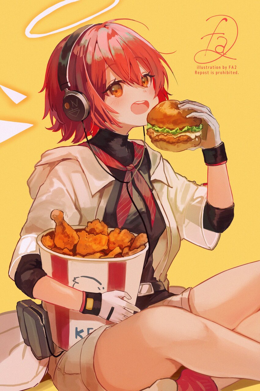 1girl absurdres arknights black_shirt bucket_of_chicken burger chicken_(food) commentary_request eating exusiai_(arknights) exusiai_(city_rider)_(arknights) fa2_(etu831) food fried_chicken gloves halo headphones highres holding holding_burger holding_food hood hood_down hooded_jacket indian_style jacket kfc looking_at_viewer neckerchief open_clothes open_jacket open_mouth red_hair red_neckerchief red_socks shirt short_hair short_sleeves shorts signature simple_background sitting socks solo teeth upper_teeth_only white_gloves white_jacket white_shorts yellow_background yellow_eyes