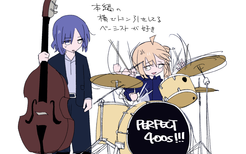 2girls ahoge bass_guitar blonde_hair blue_hair blue_jacket blue_pants blue_shirt bocchi_the_rock! commentary dated_commentary drum drum_set highres holding holding_bass_guitar holding_instrument ijichi_nijika instrument jacket juppa_sento long_hair multiple_girls open_clothes open_jacket open_mouth pants playing_drum shirt short_hair side_ponytail sidelocks simple_background white_background white_shirt yamada_ryo