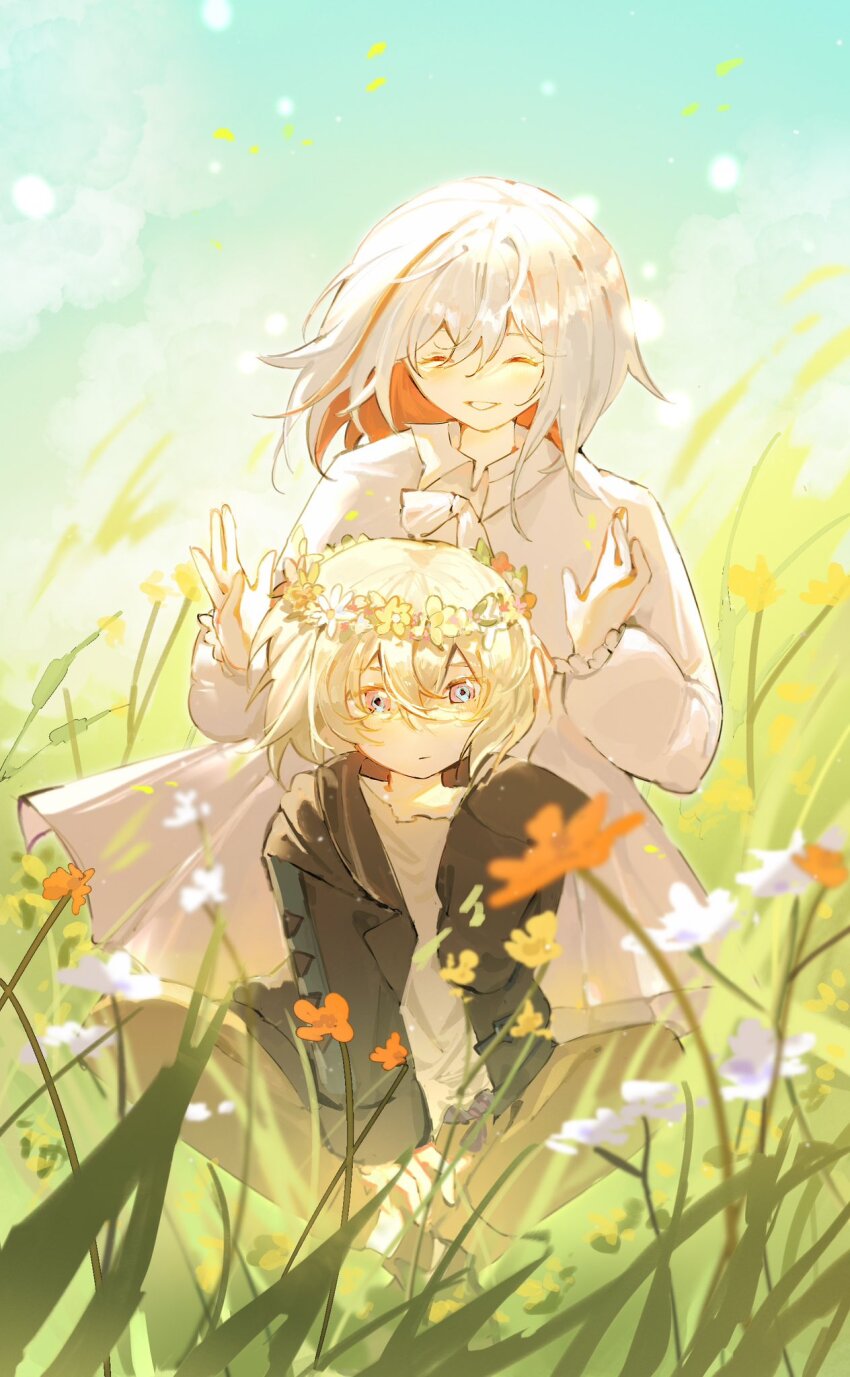 1boy 1girl aventurine_(honkai:_star_rail) blonde_hair closed_eyes commentary double-parted_bangs dress english_commentary flower flower_wreath grasslands hair_between_eyes head_wreath highres honkai:_star_rail honkai_(series) jacket kakavasha_(honkai:_star_rail) multicolored_eyes multicolored_hair outdoors short_hair sitting smile topaz_(honkai:_star_rail) two-tone_hair white_hair yvet114514