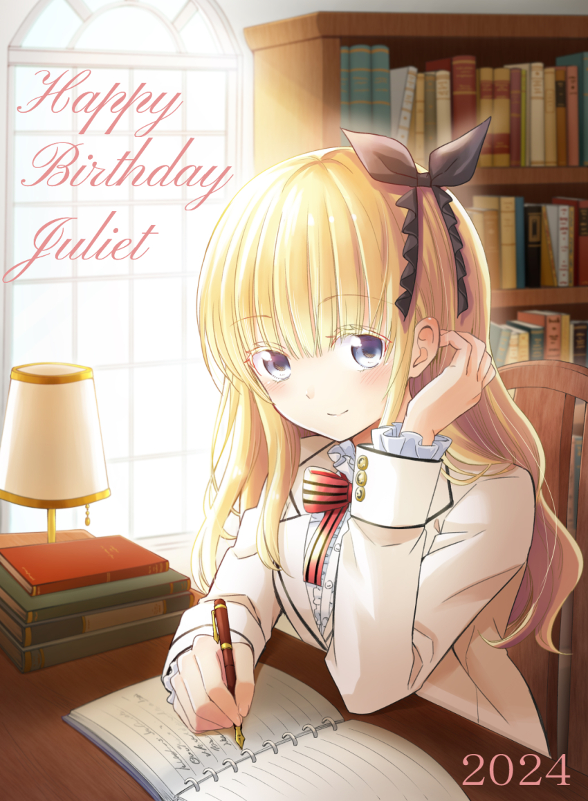 1girl black_ribbon blazer blonde_hair blue_eyes book book_stack bookshelf bow bowtie closed_mouth collar dahlia_academy_boarding_school_uniform frilled_collar frilled_sleeves frills hair_ribbon highres holding holding_pen indoors jacket juliet_persia kishuku_gakkou_no_juliet lamp light_blush long_hair long_sleeves looking_at_viewer natsupa nib_pen_(object) notebook on_chair open_book pen red_bow red_bowtie ribbon school_uniform shirt sidelocks sitting smile solo striped_bow striped_bowtie striped_clothes table white_jacket white_shirt window wooden_chair wooden_table writing