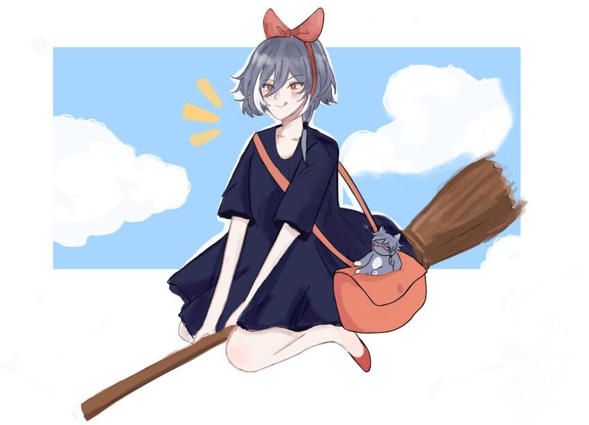 1girl :q animal bag birbrumu blue_dress blue_sky blush broom broom_riding cat closed_mouth cloud collarbone commentary cosplay day dress english_commentary fu_hua full_body glasses grey_hair hair_between_eyes hair_ribbon hairband highres kiki_(majo_no_takkyuubin) kiki_(majo_no_takkyuubin)_(cosplay) majo_no_takkyuubin multicolored_hair red-framed_eyewear red_eyes red_footwear red_hairband red_ribbon ribbon semi-rimless_eyewear shoes short_sleeves shoulder_bag sky smile streaked_hair tongue tongue_out under-rim_eyewear voice_actor_connection white_hair