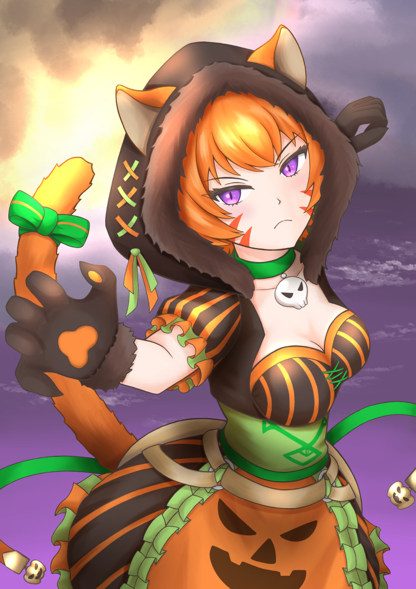 1girl animal_ears animal_hands apron belt black_hood breasts brown_belt cat_ears cat_girl cat_paws cat_tail choker cleavage dress facepaint facial_mark fire_emblem fire_emblem:_path_of_radiance fire_emblem:_radiant_dawn fire_emblem_heroes frown green_choker halloween halloween_costume highres jack-o&#039;-lantern_print laguz_(fire_emblem) large_breasts lethe_(fire_emblem) lethe_(halloween)_(fire_emblem) looking_at_viewer nintendo official_alternate_costume orange_apron orange_hair orange_tail purple_eyes reaching reaching_towards_viewer skull skull_choker solo striped_clothes striped_dress tail tourou398 whisker_markings