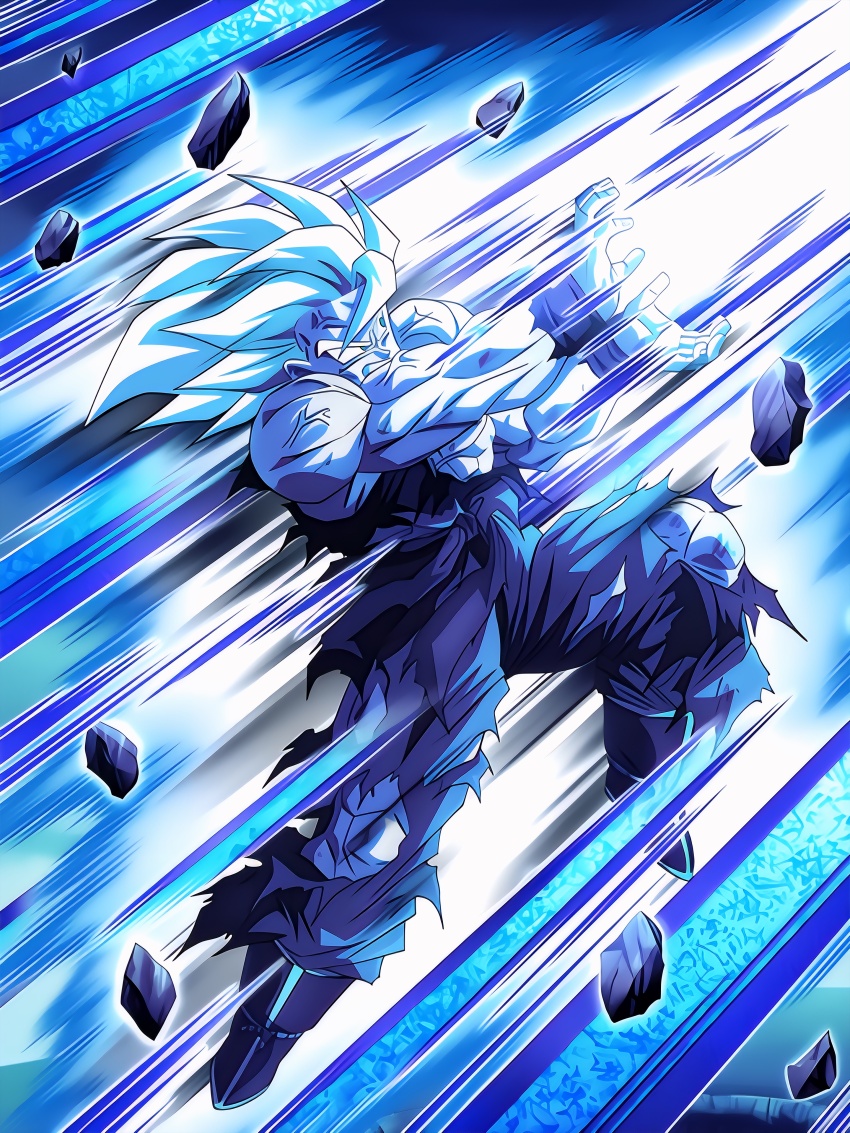 1boy angry aura dokkan_battle dragon_ball kamehameha_(dragon_ball) muscular muscular_male official_art scratches solo son_goku super_saiyan torn_clothes veins