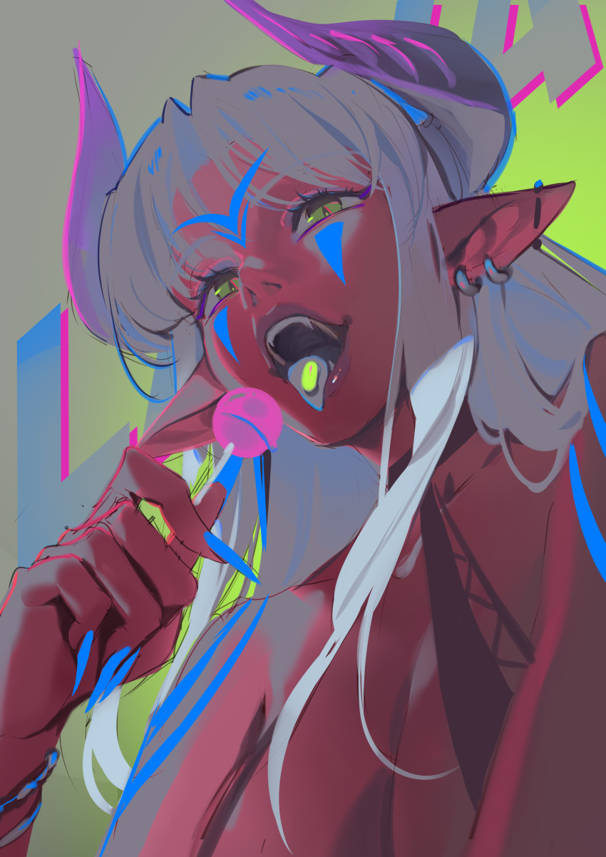 1girl absurdres candy dark-skinned_female dark_skin ear_piercing facial_tattoo food green_eyes highres holding horns kyuri_tizu lips lollipop long_hair original piercing pill pointy_ears solo tattoo teeth tongue tongue_out upper_body white_hair