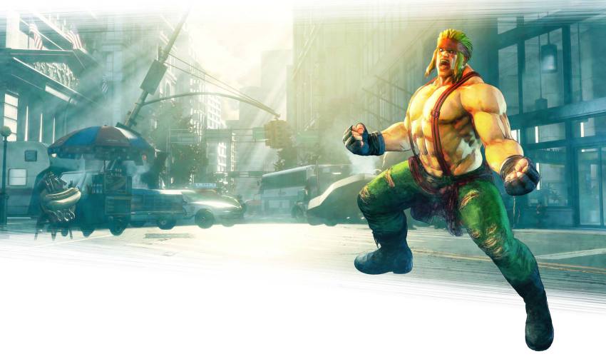 1boy alex_(street_fighter) american_flag blonde_hair boots cityscape clothes_around_waist facepaint facial_tattoo fingerless_gloves food_stand gloves headband highres lamppost male_focus muscular official_art open_mouth outdoors pants sky solo street_fighter street_fighter_v suspenders sweater sweater_around_waist tattoo torn_clothes torn_pants traffic_light