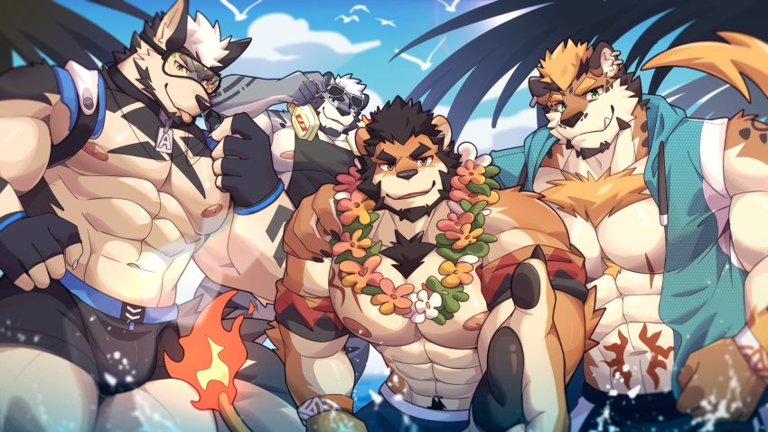 4boys :p abs alca_(wakatanka4) alca_the_lion animal_ears arm_tattoo bara beach beard beckoning beenic black_hair black_male_swimwear bulge chest_tattoo dog_boy dog_ears eyewear_on_head facial_hair fang fang_out fingerless_gloves flower flower_necklace forgetch_(chen0for) furrification furry furry_male gloves goggles gyee hand_on_another&#039;s_shoulder headphones headphones_around_neck highres jewelry large_pectorals lion_boy lion_ears lion_tail looking_at_viewer male_focus male_swimwear mature_male multiple_boys muscular muscular_male navel navel_hair necklace nipple_slip nipples original outstretched_hand pectorals reaching reaching_towards_viewer romg romg_the_jaguar second-party_source short_hair sideburns sidepec smile stomach stomach_tattoo sunglasses swim_trunks tail tattoo thick_eyebrows thick_thighs thighs tiger_boy tiger_ears tongue tongue_out topless_male zixiong_zix_(character)