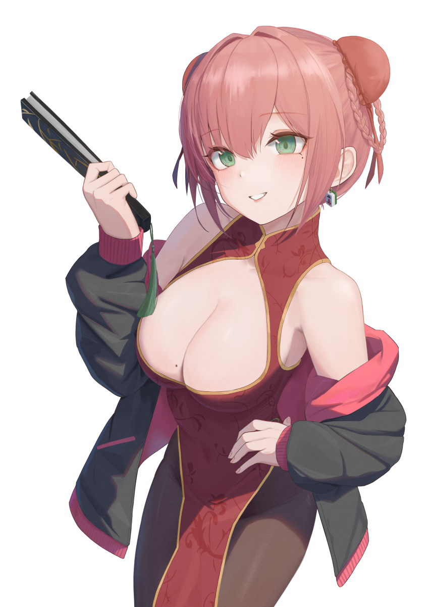 1girl absurdres bare_shoulders black_jacket black_pantyhose blush braid breasts bun_cover center_opening china_dress chinese_clothes cleavage double_bun dress green_eyes hair_bun hand_fan hand_up highres holding holding_fan jacket large_breasts long_sleeves mole mole_on_breast mole_under_eye off_shoulder original pantyhose pige_pig red_dress red_hair simple_background smile solo white_background