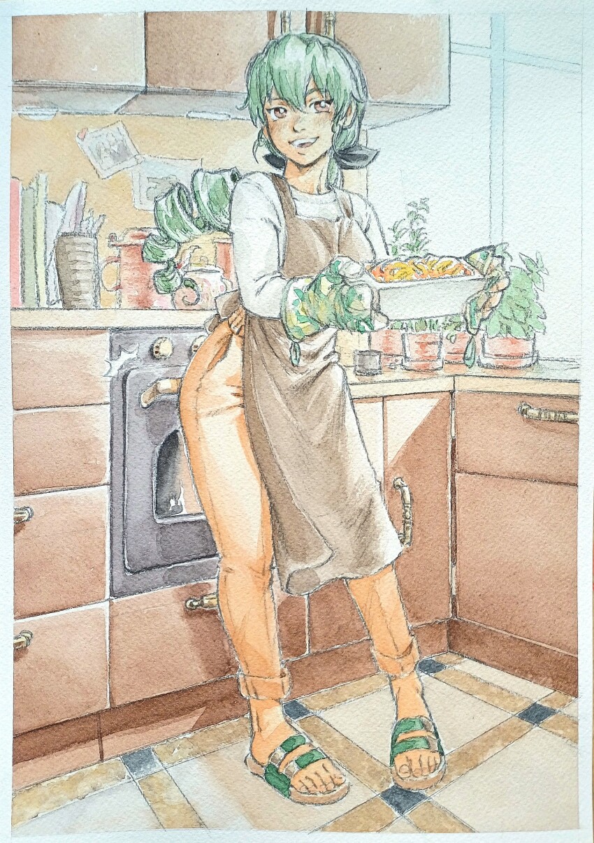 absurdres aged_up anchovy_(girls_und_panzer) black_bow bow brown_eyes drill_hair girls_und_panzer gloves green_hair hair_bow highres indoors kitchen looking_at_viewer lux_(nyxmegist) orange_pants oven painting_(medium) pants plant potted_plant sandals shirt smile traditional_media watercolor_(medium) white_shirt window