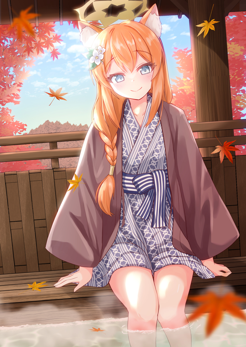 1girl absurdres alternate_costume animal_ear_fluff animal_ears arms_at_sides autumn autumn_leaves backlighting bath_yukata blue_archive blue_eyes blue_sky blurry blush braid braided_ponytail cat_ears closed_mouth commentary_request day depth_of_field falling_leaves feet_out_of_frame flower hair_between_eyes hair_flower hair_ornament halo happy highres japanese_clothes kimono leaf leaf_hair_ornament leaf_on_liquid long_hair long_sleeves looking_at_viewer low_ponytail maple_leaf mari_(blue_archive) onsen relaxing sidelocks sky smile soaking_feet solo sunlight white_flower wide_sleeves yasutarou yellow_halo yukata