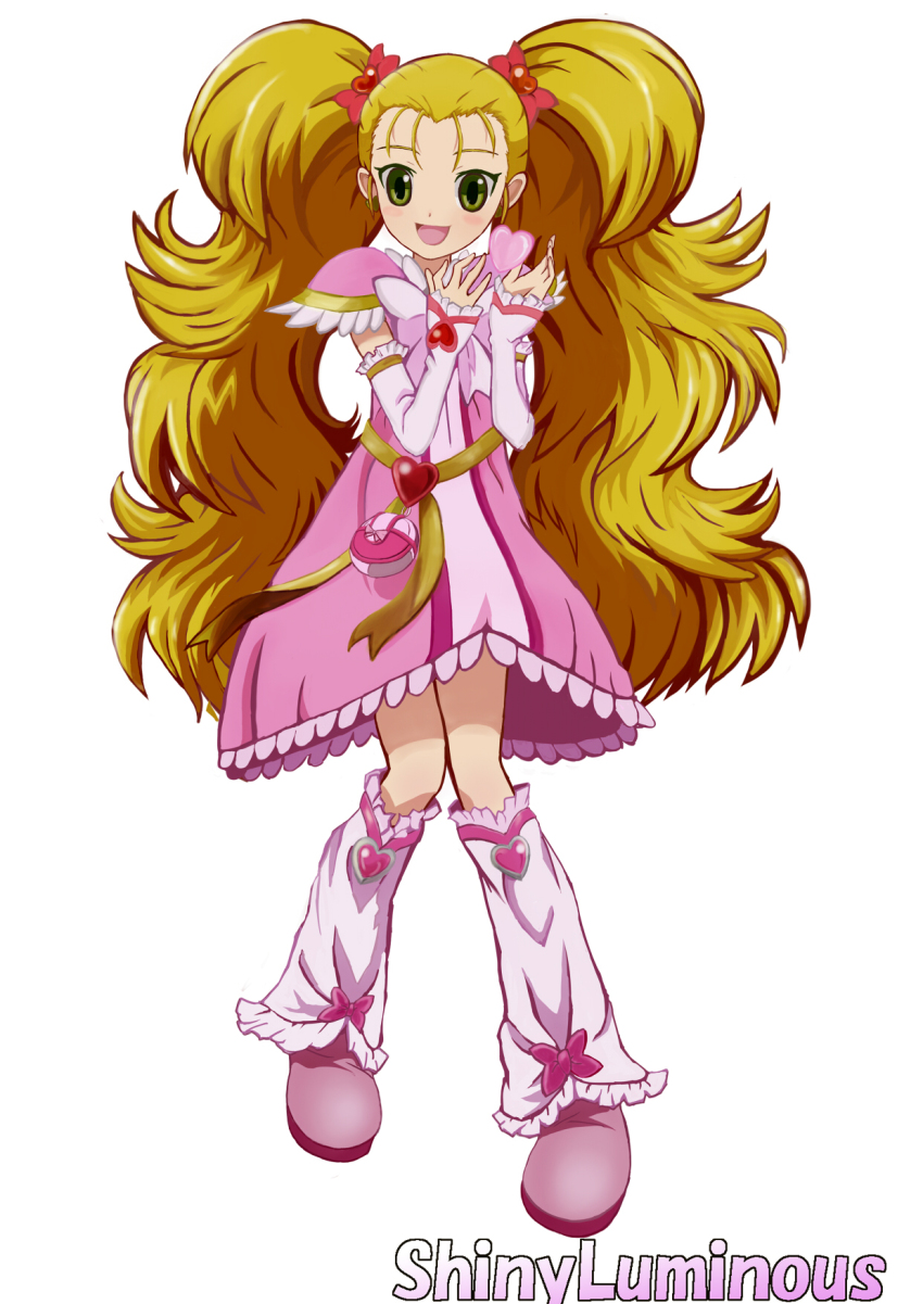 00s 1girl akizuki_shigure belt blonde_hair boots character_name derivative_work dress epaulettes female_focus full_body futari_wa_precure futari_wa_precure_max_heart green_eyes hair_ornament hairpin heart highres knee_boots kondou_kyouhei kujou_hikari leg_warmers long_hair magical_girl md5_mismatch precure shiny_luminous smile solo twintails white_background