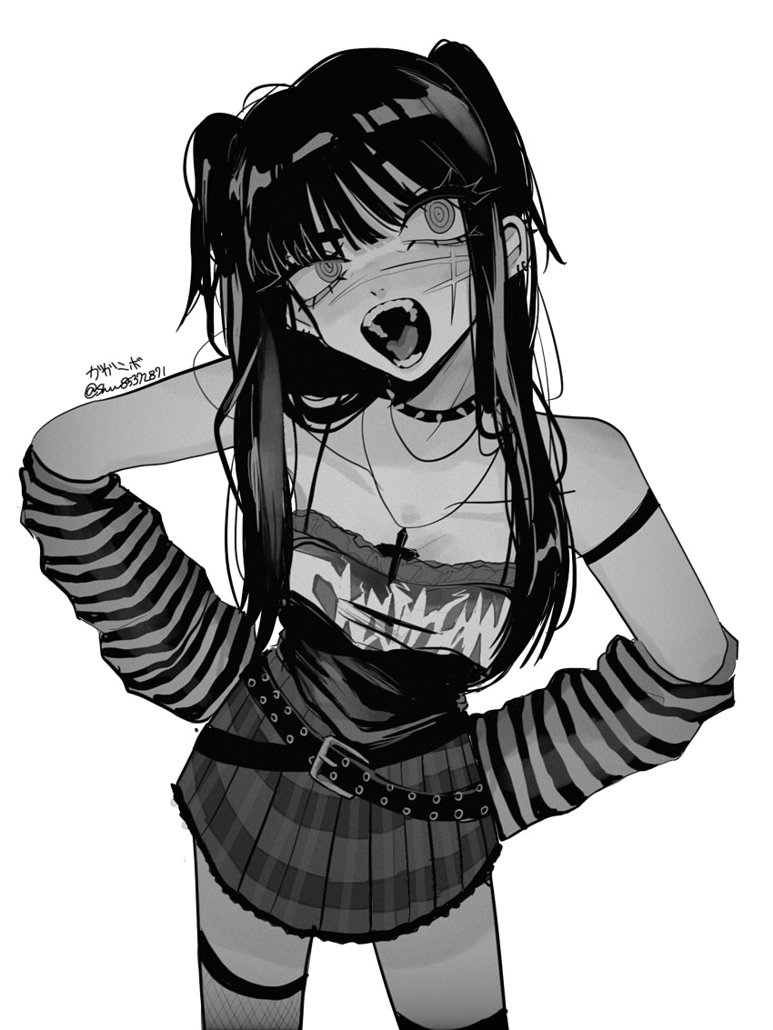 1girl absurdres alternate_costume alternate_hairstyle chainsaw_man collar cross cross_necklace facial_scar fishnet_thighhighs fishnets gaganbo_(shuuu85372871) greyscale highres jewelry long_hair miniskirt monochrome necklace open_mouth ringed_eyes scar scar_on_cheek scar_on_face scar_on_nose skirt solo spiked_collar spikes striped_arm_warmers teeth thighhighs tongue yoru_(chainsaw_man)