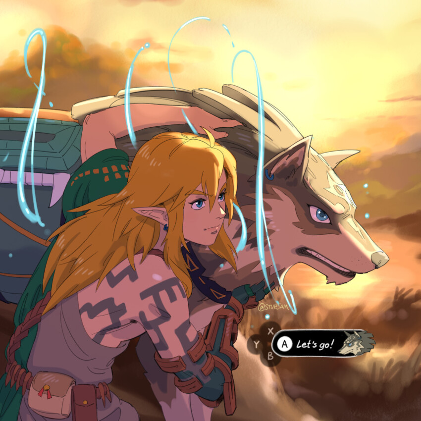 2boys artist_name blonde_hair blue_eyes body_marking button_prompt clenched_teeth closed_mouth english_text grass green_shirt hand_on_another&#039;s_head highres link looking_to_the_side mechanical_arms multiple_boys nintendo pointy_ears shirt stup-jam sunset teeth the_legend_of_zelda the_legend_of_zelda:_tears_of_the_kingdom the_legend_of_zelda:_twilight_princess twitter_username wolf wolf_link