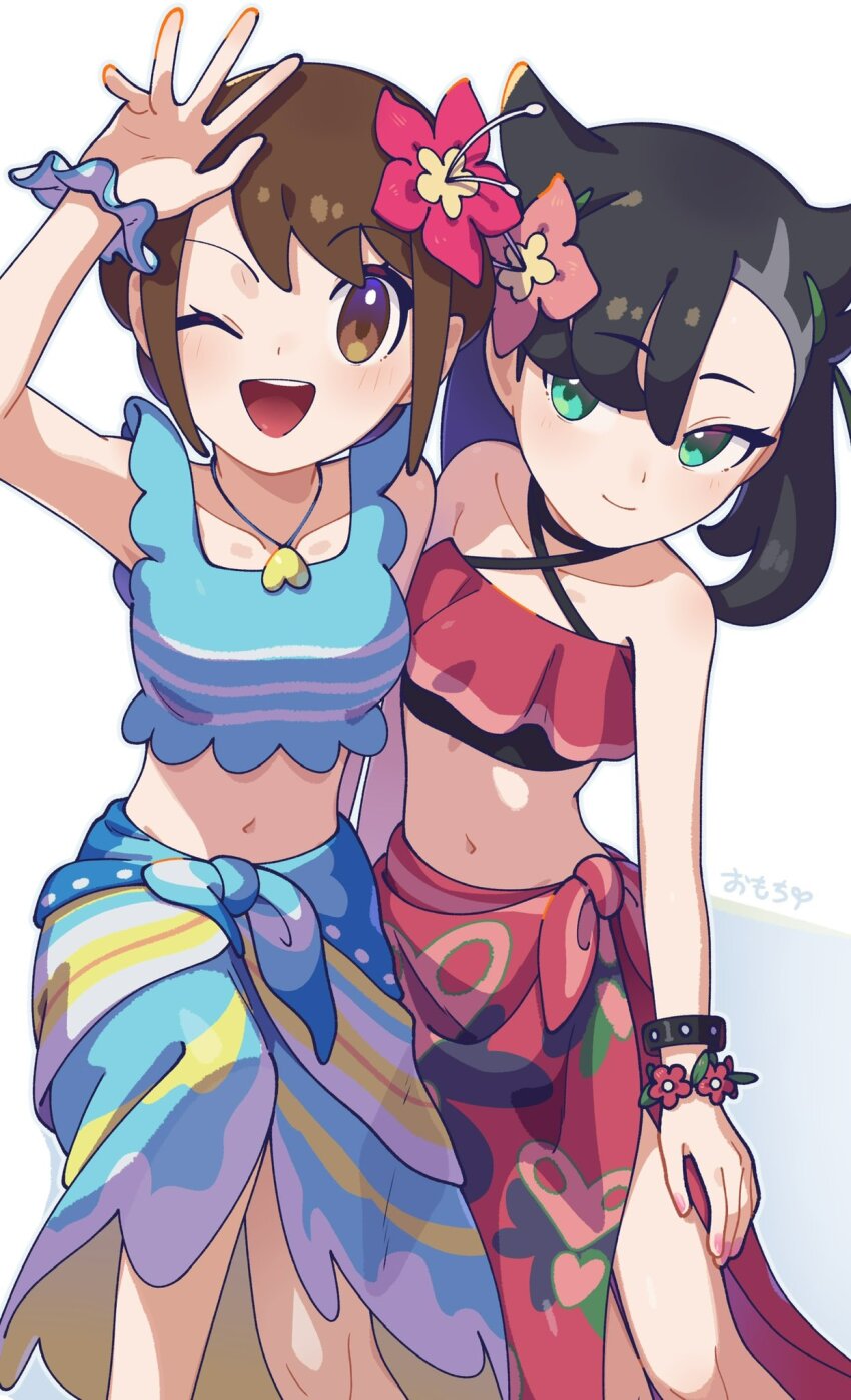 2girls :d asymmetrical_bangs black_hair bracelet brown_eyes creatures_(company) criss-cross_halter flower_bracelet game_freak gloria_(pokemon) gloria_(summer_2021)_(pokemon) green_eyes halterneck highres jewelry marnie_(pokemon) marnie_(summer_2021)_(pokemon) medium_hair midriff multiple_girls nail_polish navel necklace nintendo omochi_(omotimotittona3) one_eye_closed open_mouth pink_nails pokemon pokemon_masters_ex smile teeth upper_teeth_only