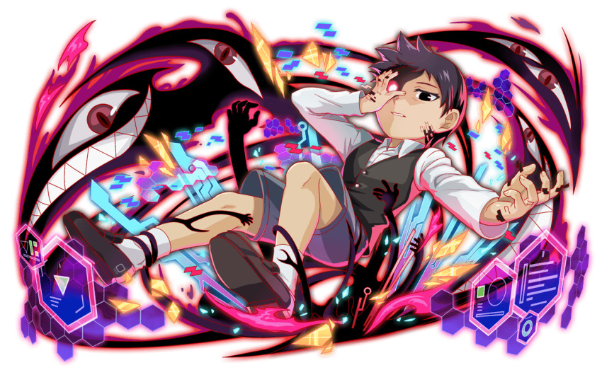 1boy anime_coloring ankle_socks artist_request black_eyes black_hair black_vest brown_footwear buttons child closed_mouth collar collared_shirt crash_fever extra_arms fingernails foreshortening formal_clothes full_body fullmetal_alchemist game_cg glowing glowing_eyes grey_shorts hand_on_own_face hexagon honeycomb_(pattern) light_particles loafers looking_at_viewer male_focus number_print numbered official_art official_style outline outstretched_arm pride_(fma) print_footwear red_eyes red_outline selim_bradley sharp_teeth shirt shoes short_hair shorts socks solo spoilers square square_print tachi-e teeth third-party_source transparent_background undershirt vest white_collar white_shirt white_sleeves white_socks white_undershirt wing_collar