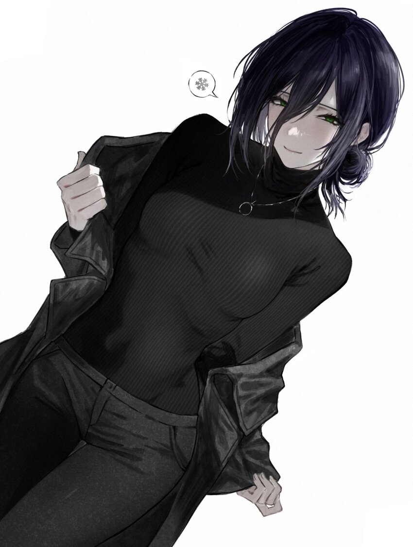 1girl aiomita black_coat black_pants breasts chainsaw_man closed_mouth coat denim hair_between_eyes hair_bun half-closed_eyes highres jeans jewelry long_sleeves looking_at_viewer necklace pants purple_hair red_eyes removing_coat reze_(chainsaw_man) sidelocks simple_background single_hair_bun small_breasts smile solo spoken_symbol sweater sweater_tucked_in turtleneck turtleneck_sweater white_background winter_clothes