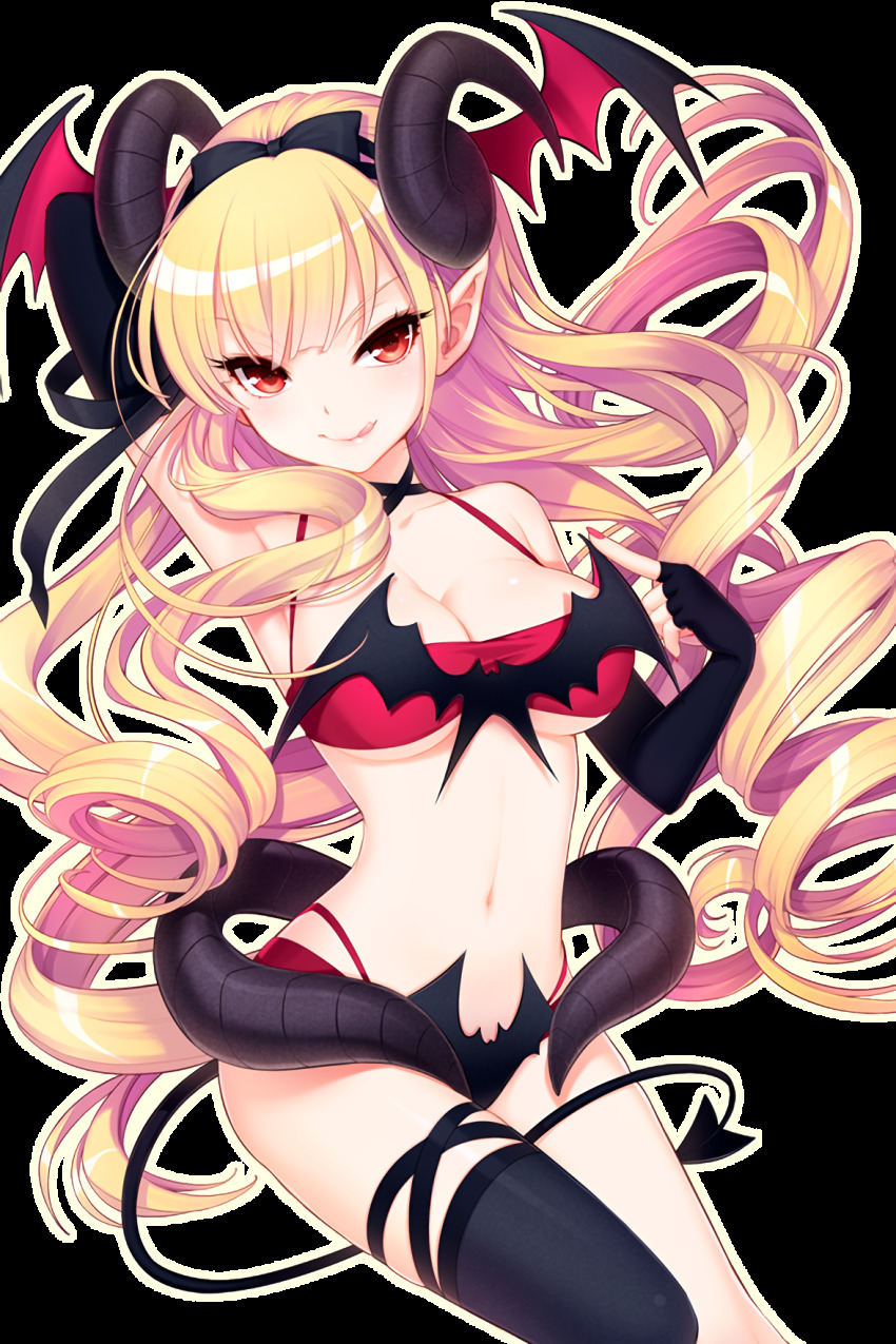 1girl arm_behind_head bare_shoulders bat_wings black_gloves black_ribbon blue_eyes breasts cleavage demon_girl demon_horns demon_tail fingerless_gloves garter_straps gloves hair_ribbon highres horns long_hair lucid_(soccer_spirits) medium_breasts nail_polish official_art pointy_ears red_eyes ribbon shirahane_nao sitting skirt soccer_spirits stomach tail thighhighs transparent_background underwear wings