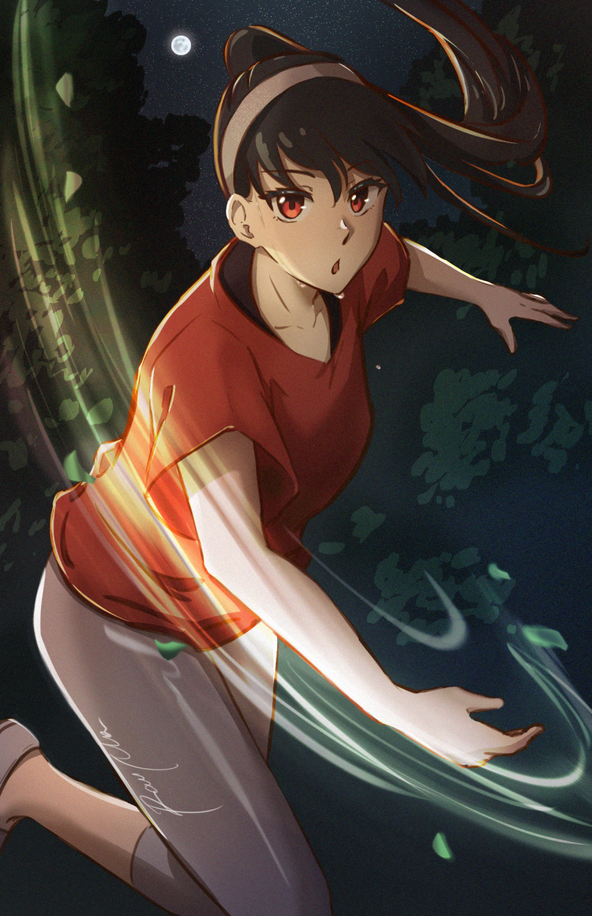 1girl black_hair floating_hair full_moon grey_hairband grey_pants hairband highres long_hair moon night night_sky open_mouth outdoors pants ponytail rau_ma_(the_rauma001) red_eyes red_shirt shirt short_sleeves signature sky solo spy_x_family star_(sky) starry_sky throwing yor_briar