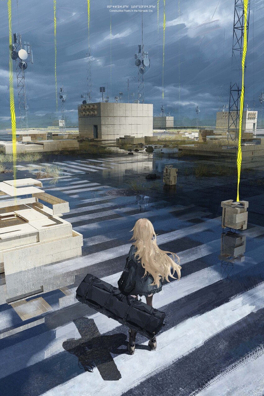 1girl absurdres after_rain arms_at_sides beacon black_jacket black_thighhighs blonde_hair building cloud coordinates crosswalk dark_clouds day english_text facing_away floating_hair from_behind highres holding_case jacket long_hair original outdoors overcast puddle radio_tower scenery shadow sky solo standing surreal thighhighs wet_ground wide_shot ya_yan