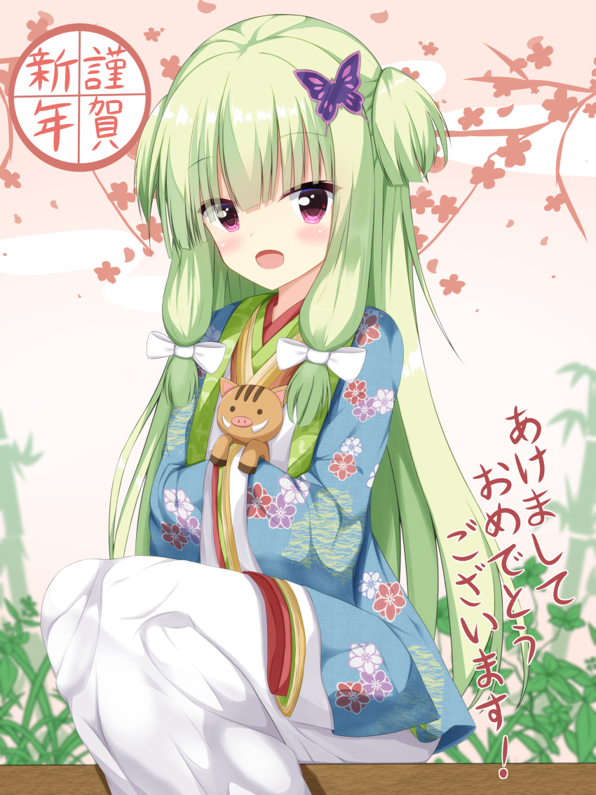 1girl 2019 :d absurdres animal black_kimono blunt_bangs blunt_ends blush boar butterfly_hair_ornament chinese_zodiac commentary_request dated_commentary eyes_visible_through_hair feet_out_of_frame firin floral_print floral_print_kimono green_hair hair_ornament happy happy_new_year highres hime_cut holding holding_animal japanese_clothes kimono layered_clothes layered_kimono long_hair long_sleeves looking_at_viewer murasame_(senren) new_year open_clothes open_kimono open_mouth pink_background pink_eyes print_kimono senren_banka sidelocks simple_background sitting smile solo straight_hair translation_request tsurime two_side_up very_long_hair white_kimono wide_sleeves year_of_the_pig