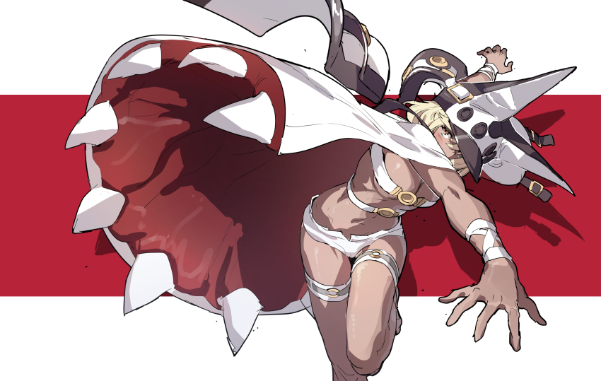 1girl blonde_hair breasts brown_hair cleavage coat cowboy_shot dark-skinned_female dark_skin guilty_gear hat highres huanxiang_huifeng large_breasts ramlethal_valentine shorts solo white_coat white_hat white_shorts