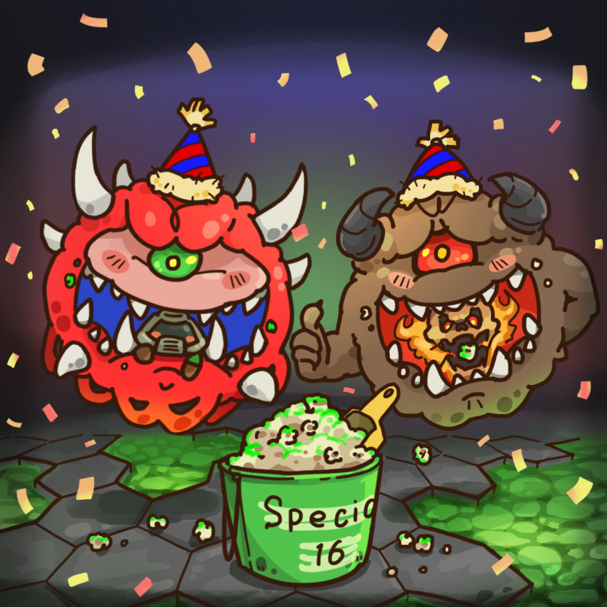 1boy cacodemon chibi confetti doom_(series) doom_ii doomguy english_text fire flaming_skull food happy_birthday hat helmet highres imp_(doom) kurashiki_nanka pain_elemental party_hat popcorn space_helmet thumbs_up