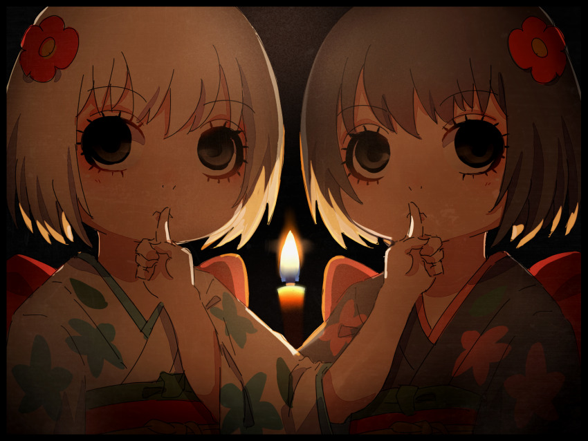 2girls black_background black_border black_hair black_kimono border candle closed_mouth commentary_request finger_to_mouth floral_print flower grey_eyes hair_flower hair_ornament highres hoozuki_no_reitetsu ichiko_(hoozuki_no_reitetsu) japanese_clothes kimono kuro_kosyou multiple_girls niko_(hoozuki_no_reitetsu) obi print_kimono red_flower sash short_hair shushing upper_body white_hair white_kimono zashiki-warashi