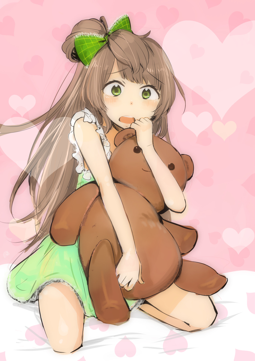 10s 1girl blush brown_hair dress female_focus frilled_dress frills green_eyes hair_ribbon heart heart_background highres hug hugging_object kumichou_(kumichoubox) long_hair love_live! love_live!_school_idol_project minami_kotori nightgown open_mouth pink_background ribbon seiza sitting sleeveless sleeveless_dress solo stuffed_animal stuffed_toy surprised teddy_bear teeth