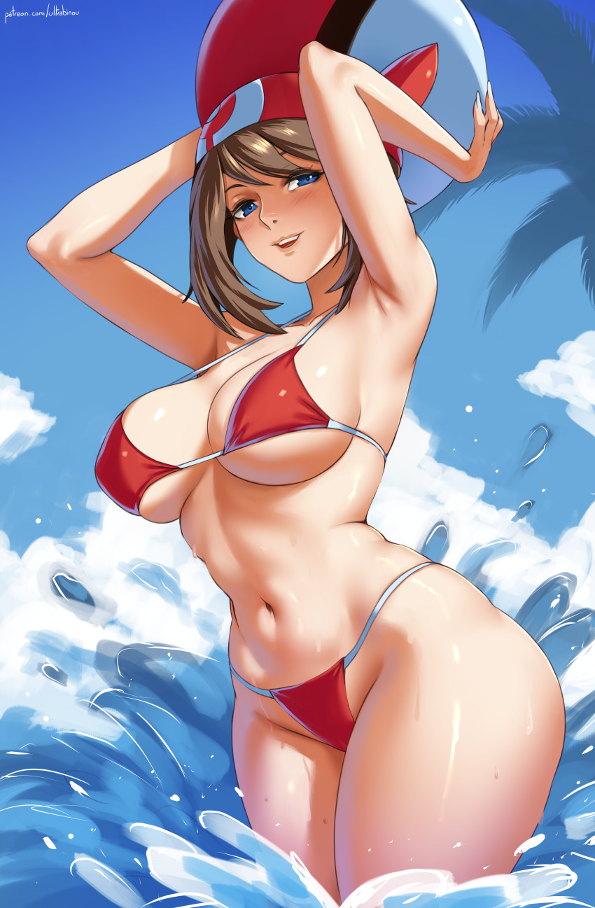 1girl absurdres armpits arms_up ball bandana beachball bikini blue_eyes blue_sky breasts brown_hair cleavage cloud cowboy_shot creatures_(company) curvy day game_freak highres holding holding_ball holding_beachball large_breasts may_(pokemon) navel nintendo outdoors poke_ball poke_ball_(basic) pokemon pokemon_rse red_bandana red_bikini sky solo standing swimsuit thighs ultrabinou wading water wide_hips