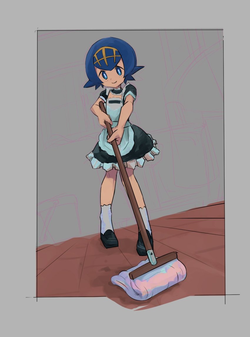 1girl alternate_costume apron blue_eyes blue_hair closed_mouth creatures_(company) dress game_freak hairband highres lana_(pokemon) maid maid_apron maid_headdress mop nintendo nyonn24 pokemon pokemon_sm short_hair skirt smile solo