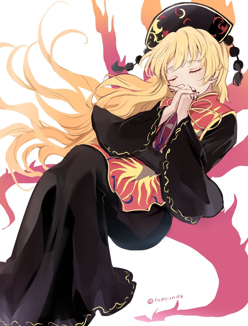 1girl aura blonde_hair chinese_clothes closed_eyes crescent fingernails highres interlocked_fingers junko_(touhou) long_hair orange_tabard own_hands_clasped own_hands_together phoenix_crown pom_pom_(clothes) ramudia_(lamyun) red_nails simple_background solo tabard tassel touhou very_long_hair white_background yellow_tabard