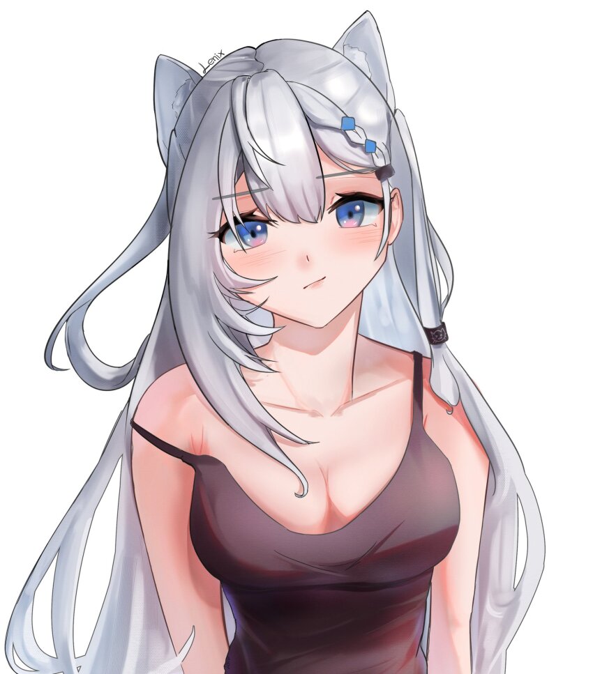 1girl black_shirt blue_eyes blush braid breasts cone_hair_bun double_bun grey_hair hair_bun hair_ornament highres hololive hololive_indonesia lenix long_hair looking_at_viewer shirt sleeveless sleeveless_shirt solo upper_body vestia_zeta