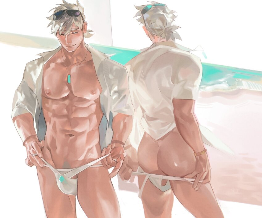 1boy abs ass back bara bare_pectorals closed_eyes closed_mouth code2_ip eyewear_on_head fate/grand_order fate_(series) highres jewelry large_pectorals male_focus male_swimwear muscular muscular_male navel necklace nipples official_alternate_costume open_clothes open_shirt pectorals percival_(fate) shirt short_hair smile sunglasses white_hair white_male_swimwear white_shirt