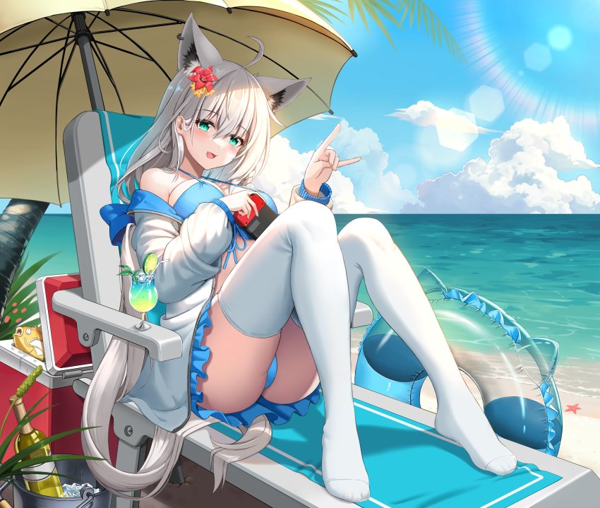 1girl absurdres ahoge alternate_color alternate_costume animal_ear_fluff animal_ears beach beach_chair bikini bikini_skirt blue_bikini blush bottle braid breasts bucket cloud cloudy_sky cocktail_glass commentary_request creatures_(company) cup day drinking_glass extra_ears fang flower fox_ears fox_girl fox_shadow_puppet game_freak gen_1_pokemon green_eyes hair_between_eyes hair_flower hair_ornament highres holding hololive ice_bucket innertube jacket knees_up long_hair looking_at_viewer magikarp medium_breasts nintendo nintendo_switch ocean open_clothes open_jacket open_mouth palm_tree parasol pokemon pokemon_(creature) shiny_pokemon shirakami_fubuki shirakami_fubuki_(hololive_summer_2019) sidelocks single_braid sitting skin_fang sky starfish swim_ring swimsuit thighhighs tree tun_chicken umbrella very_long_hair virtual_youtuber white_hair white_jacket white_thighhighs