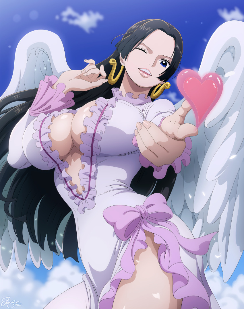 angel_wings black_hair blue_eyes boa_hancock breasts cleavage_cutout clothing_cutout cloud cupid dress earrings frills heaven jemmasoria jewelry large_breasts light_smile long_hair looking_at_viewer one_eye_closed one_piece parted_lips white_dress wings