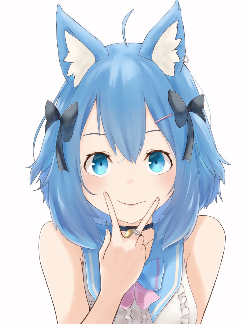 1girl ahoge animal_ear_fluff animal_ear_piercing animal_ears bell black_bow black_choker blue_bow blue_bowtie blue_eyes blue_hair blue_sailor_collar blush bow bowtie choker closed_mouth commentary_request dog_ears dog_girl earrings hair_bow highres jewelry jingle_bell leaning_forward looking_at_viewer lovermoonlight nanashi_inc. neck_bell official_alternate_costume ring sailor_collar sailor_shirt shirt simple_background single_earring sleeveless sleeveless_shirt smile solo souya_ichika souya_ichika_(2nd_costume) two_side_up upper_body v v_over_mouth virtual_youtuber white_background white_shirt