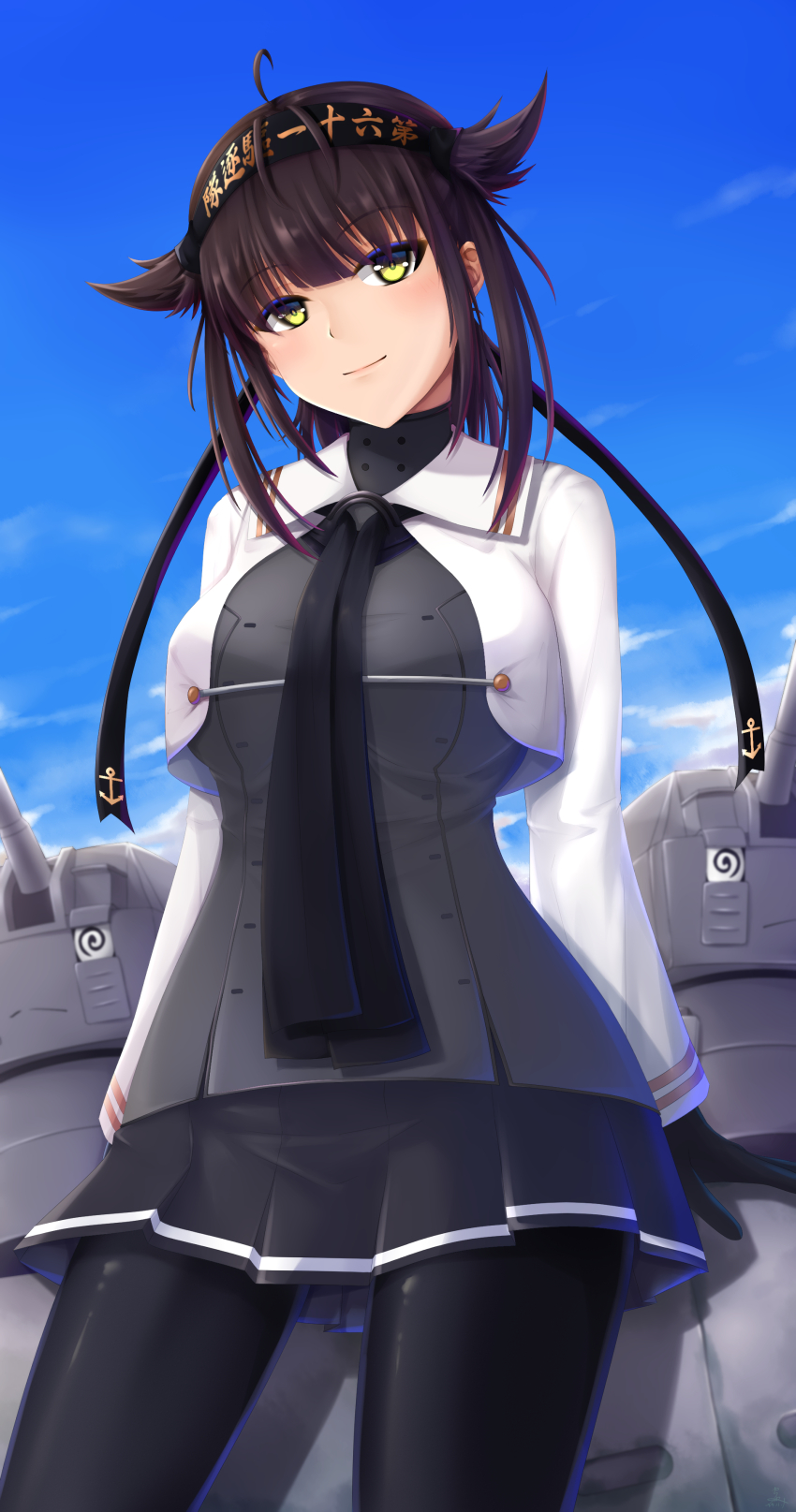 1girl absurdres black_bodysuit black_headband black_neckerchief black_skirt blue_sky bodysuit brown_hair chou-10cm-hou-chan_(hatsuzuki&#039;s) clothes_writing day hachimaki hair_flaps hatsuzuki_(kancolle) hatsuzuki_kai_ni_(kancolle) headband highres kantai_collection long_sleeves miniskirt neckerchief outdoors pleated_skirt rigging seiya_(iiseven) short_hair skirt sky solo yellow_eyes