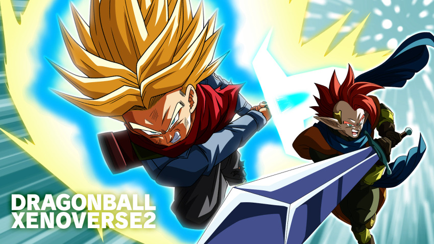 2boys aqua_eyes artist_request aura black_pants blonde_hair blue_scarf brown_gloves clenched_teeth colored_skin copyright_name denim denim_jacket dirty dirty_face dragon_ball dragon_ball_super dragon_ball_xenoverse dragonball_z floating_clothes game_cg gloves glowing glowing_sword glowing_weapon green_eyes green_leggings highres holding holding_sword holding_weapon in-franchise_crossover incoming_attack jacket leg_up leggings loading_screen looking_up male_focus mohawk multiple_boys neckerchief official_art official_wallpaper open_mouth orange_hair orange_tunic pants pink_skin pointing_melee_weapon pointing_sword pointy_ears red_neckerchief scabbard scarf scratches sheath short_hair spiked_hair super_saiyan sword tapion teeth third-party_source torn_clothes torn_pants trunks_(dragon_ball) trunks_(future)_(dragon_ball) tunic weapon