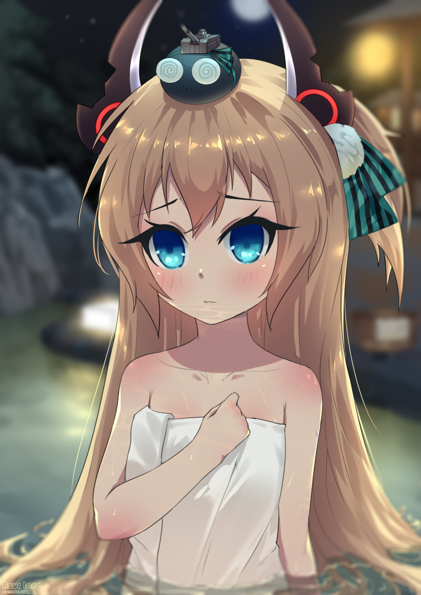 1girl absurdres alternate_costume azur_lane bare_shoulders blue_eyes blurry bly-yuan brown_hair collarbone commentary_request depth_of_field hair_between_eyes hair_ornament headgear highres in_water lantern long_hair looking_at_viewer naked_towel night one_side_up onsen sidelocks solo tanikaze_(azur_lane) towel