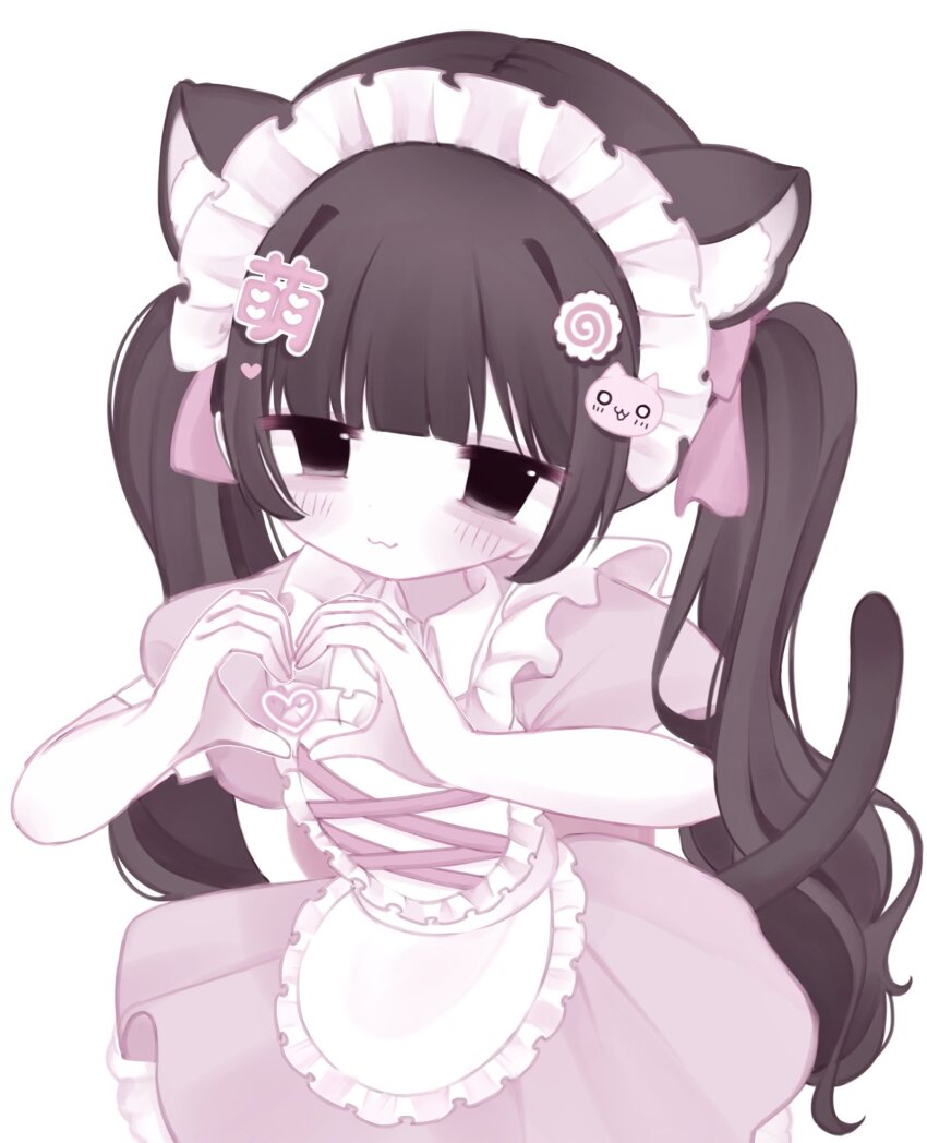 1girl :3 aegyo_sal animal_ears apron black_eyes blush brown_hair cat_ears cat_girl cat_hair_ornament closed_mouth commentary dress english_commentary food-themed_hair_ornament frills hachiiya hair_ornament heart heart_hands highres long_hair looking_at_viewer maid maid_apron maid_headdress narutomaki_hair_ornament no_nose original pink_dress pink_ribbon puffy_short_sleeves puffy_sleeves ribbon short_sleeves simple_background solo twintails valentine white_background