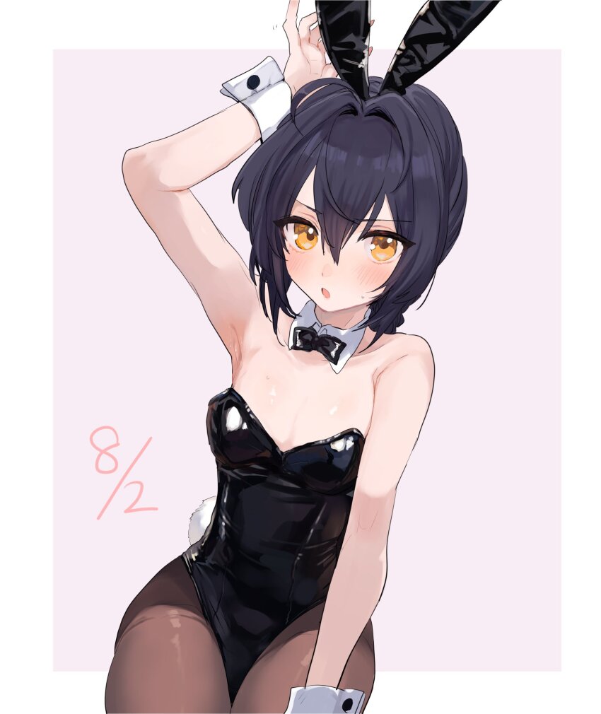 1girl :o animal_ears arm_up black_hair black_leotard blush border bow bowtie braid cowboy_shot dated detached_collar fake_animal_ears fake_tail fate/grand_order fate/samurai_remnant fate_(series) hair_intakes highres ipp0 leotard looking_at_viewer orange_eyes pantyhose pink_background playboy_bunny rabbit_ears rabbit_tail simple_background solo strapless strapless_leotard sweatdrop tail white_border wrist_cuffs yamato_takeru_(fate)