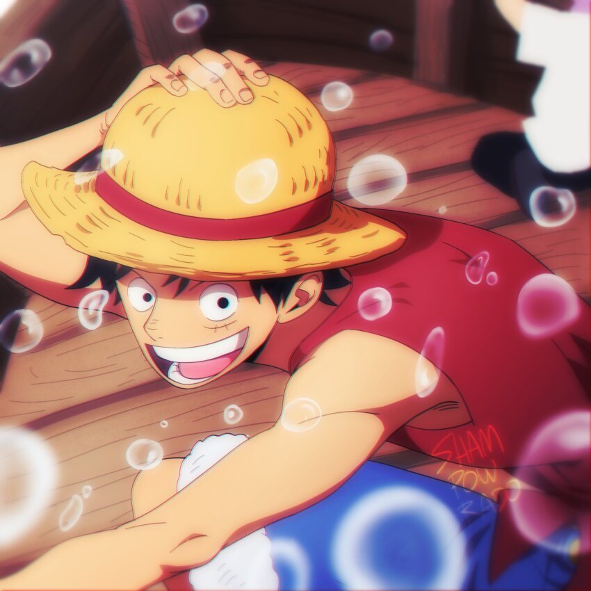 1boy arm_up bare_arms bare_shoulders black_hair blue_shorts blurry blurry_background boat commentary cowboy_shot english_commentary facial_scar fur-trimmed_shorts fur_trim hand_on_headwear hat highres looking_to_the_side male_focus monkey_d._luffy on_boat one_piece open_mouth outdoors red_vest scar scar_on_cheek scar_on_face shampowrado short_hair shorts signature smile solo straw_hat vest water watercraft