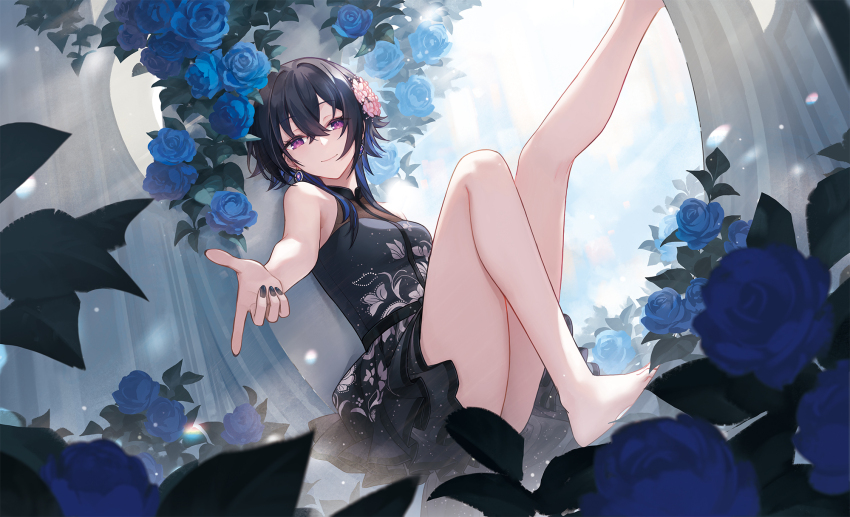 1girl barefoot black_dress black_hair black_nails blue_flower blue_gemstone blue_hair blue_rose collared_dress commentary_request convenient_censoring crossed_bangs dress earrings finger_gun floral_print flower foot_out_of_frame frilled_dress frills gem hair_between_eyes highres ichinose_uruha jewelry knee_up layered_dress light_particles light_smile looking_at_viewer lupinus_virtual_games multicolored_hair purple_eyes rose see-through_clothes see-through_dress shine_cheese short_hair_with_long_locks sidelocks sleeveless sleeveless_dress solo streaked_hair virtual_youtuber vspo!