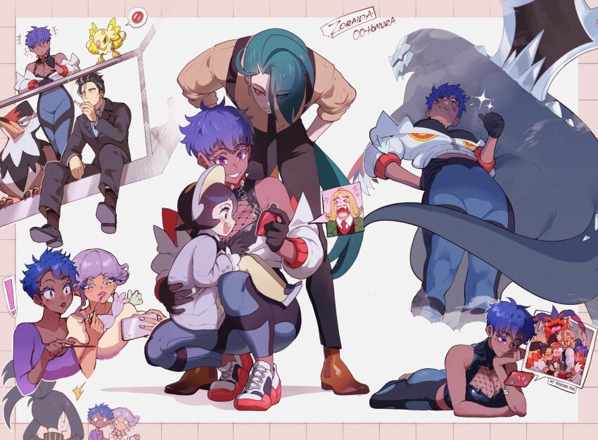 6+girls alternate_hairstyle arctibax arven_(pokemon) blonde_hair blue_hair breasts creatures_(company) dark-skinned_female dark_skin dendra_(pokemon) game_freak gen_4_pokemon hassel_(pokemon) highres jacket koraidon larry_(pokemon) long_sleeves mole mole_under_eye mole_under_mouth multicolored_hair multiple_boys multiple_girls nemona_(pokemon) nintendo nyantcha open_mouth original penny_(pokemon) pokemon pokemon_(creature) pokemon_sv poppy_(pokemon) purple_eyes rika_(pokemon) school_uniform short_hair staraptor tomboy tulip_(pokemon) very_dark_skin zoraida_(nyantcha)