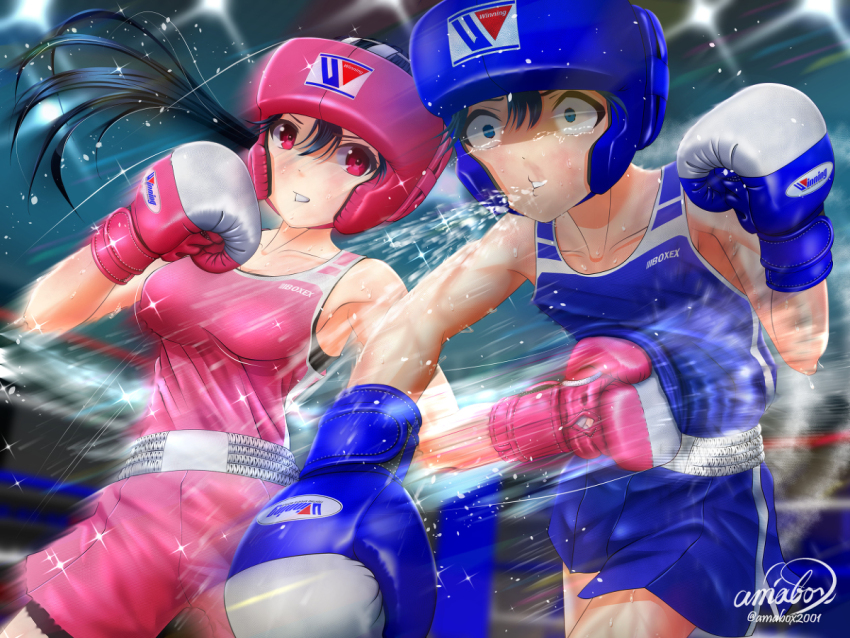 1boy 1girl amabox artist_name boxing boxing_gloves boxing_headgear boxing_ring boxing_shorts catfight mixed-sex_combat multiple_girls original ponytail punching shorts sweat tank_top