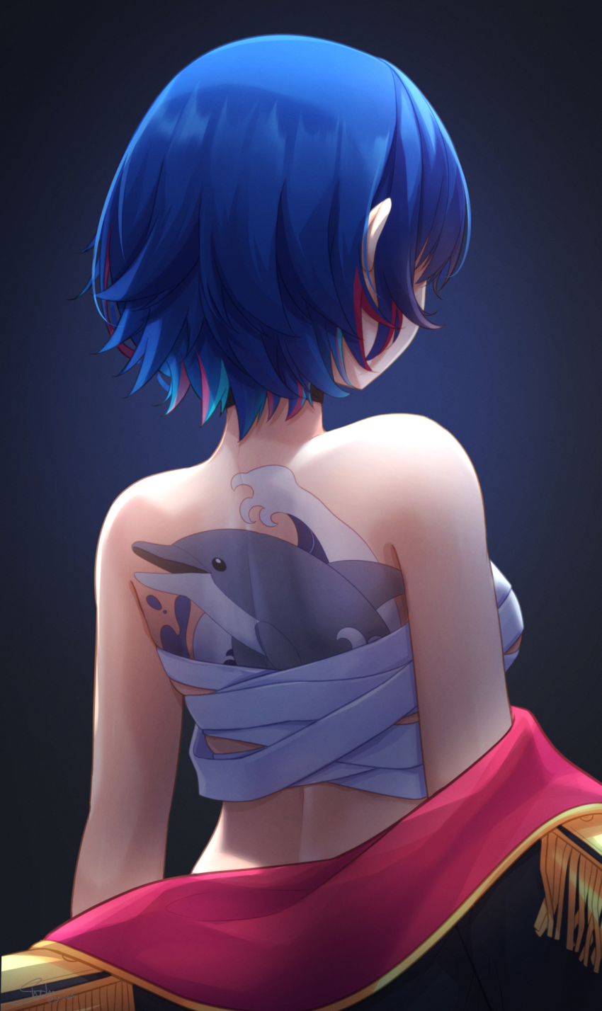 1girl back back_focus blue_hair breasts chest_sarashi colored_tips epaulettes from_behind highres jacket medium_breasts military_jacket multicolored_hair nijisanji nishizono_chigusa red_hair sarashi shiinochi short_hair solo tattoo upper_body virtual_youtuber